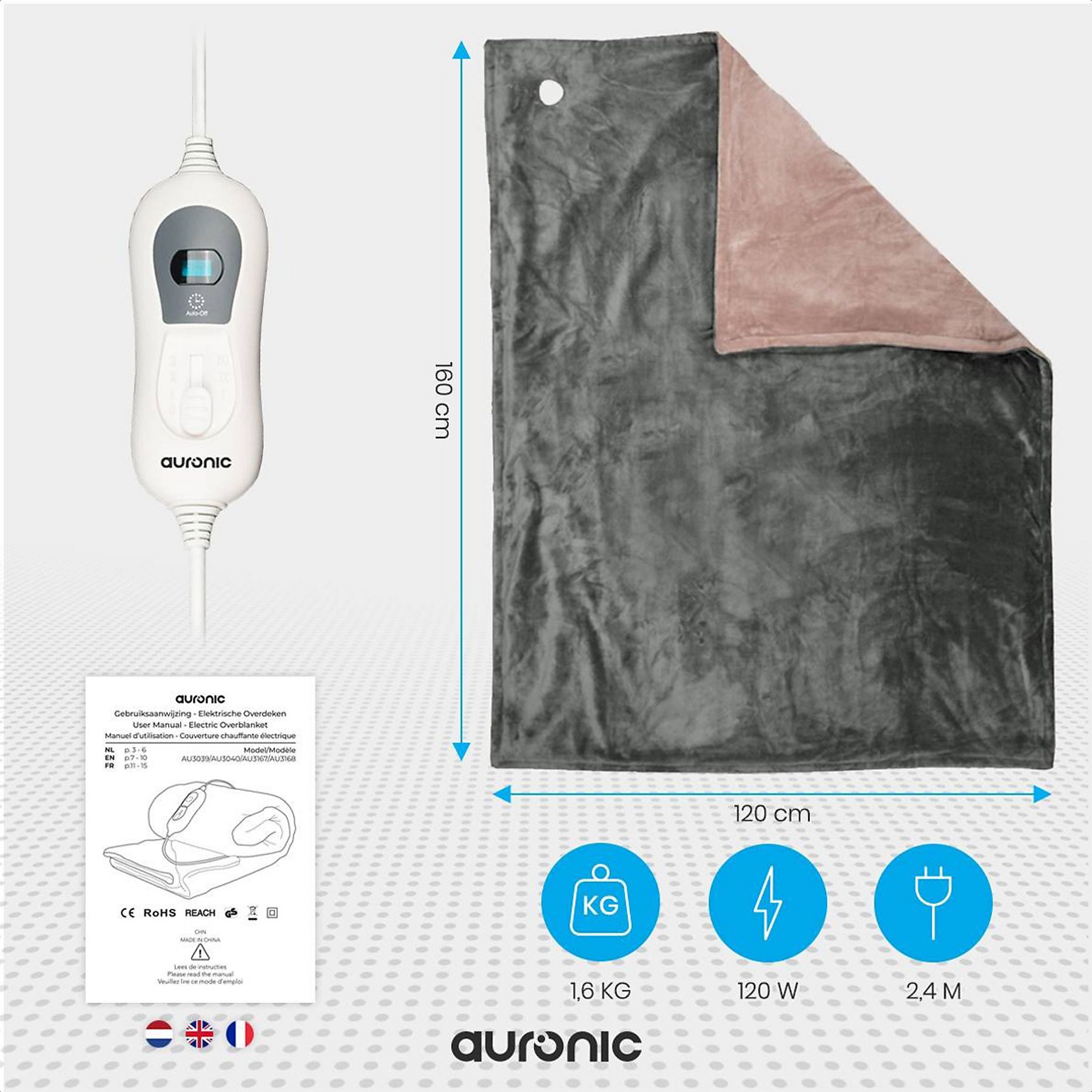 Auronic 1-Persoons elektrische deken - Grey
