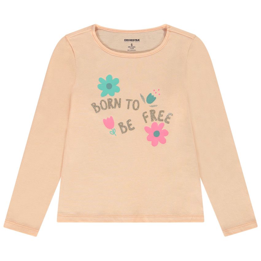 T-shirt manches longues en jersey print fantaisie pour fille - Corail