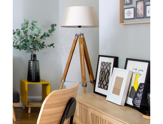 PEGANE - Lampadaire salon Lampadaire trépied en bambou coloris ivoire - l. 65 x p. 5...