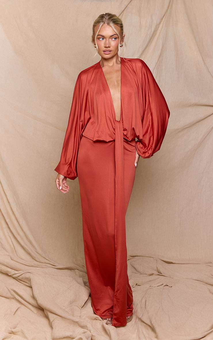 Orange Robe Maxi Drapée À Manches Chauve-souris En Jersey Doux