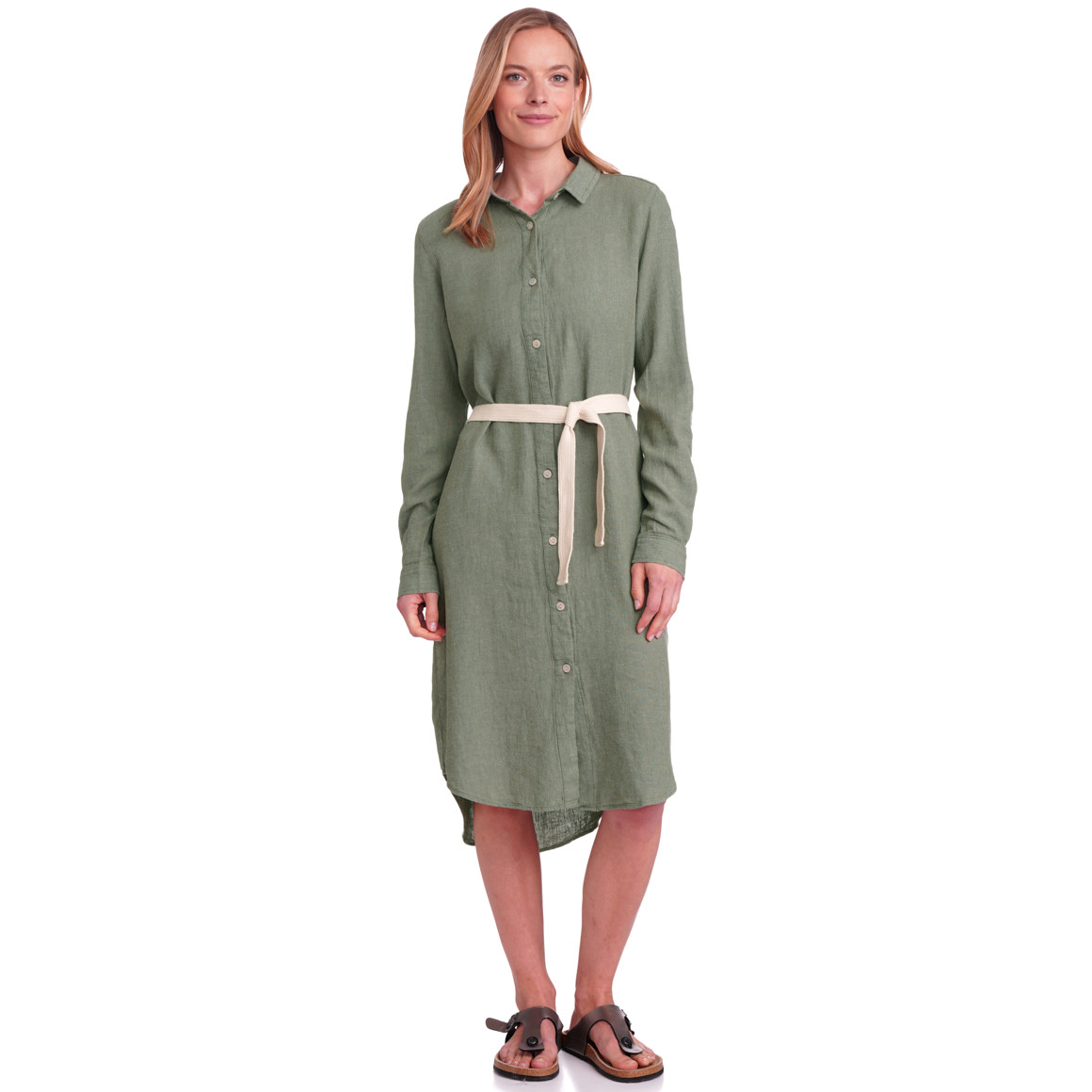 Gina Benotti Damen Leinen-Kleid mit Bindegürtel dunkelgrün