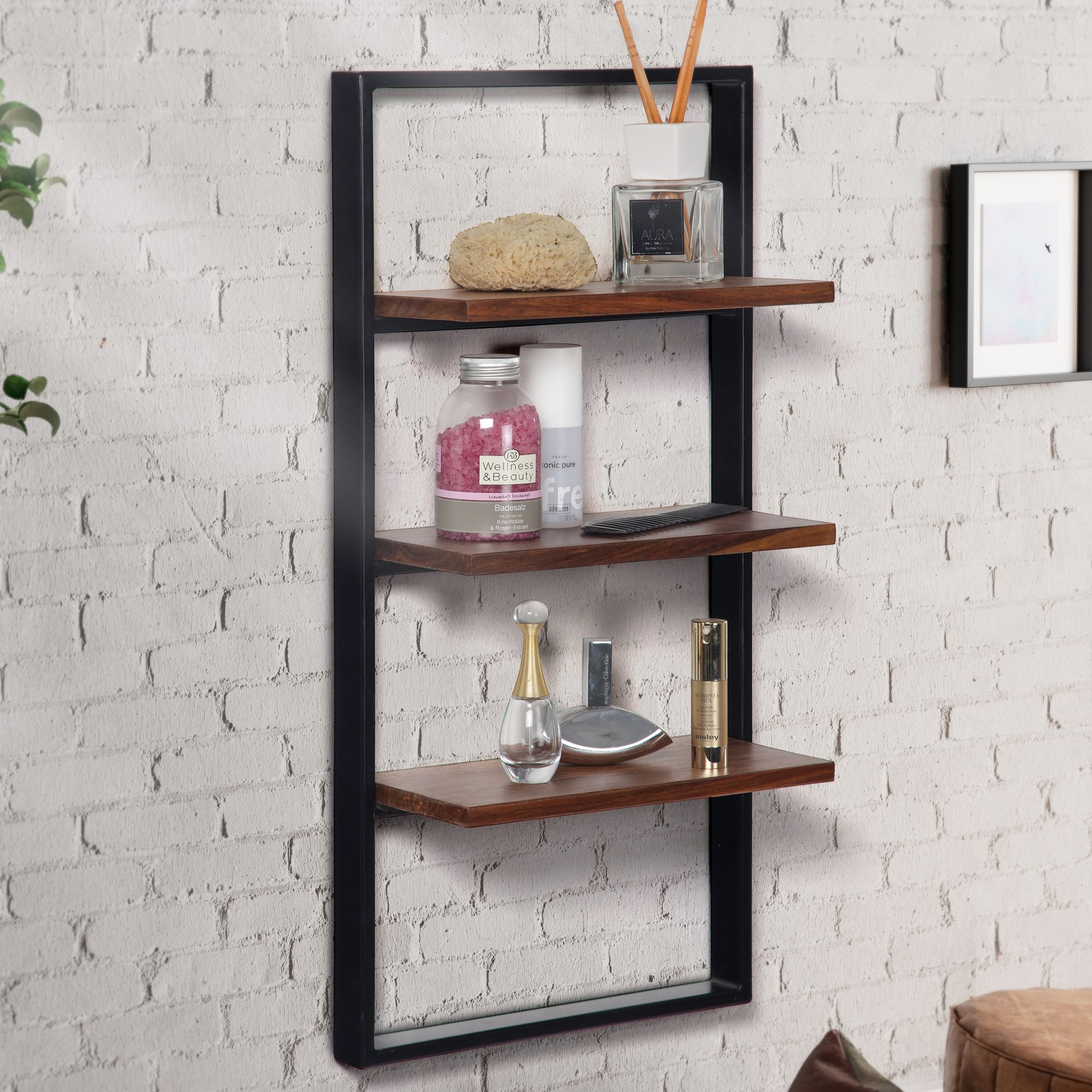 Wandregal FineBuy Hängeregal 35x70x15 cm Massivholz Metall Regal Industrial