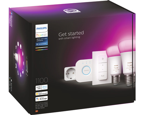 Philips hue lamp White & Color Ambiance starterset 2x E27/9W 1100 lm RGBW 2000-6500 K incl. bridge + dimmer switch + smart plug - compatibel met SMART HOME van hornbach