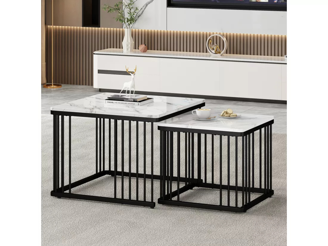 Lot de 2 tables basses gigognes en forme carrée - 60x60x45cm +45x45x40cm - Motif à marbre - Bois MDF et métal - Blanc + noir