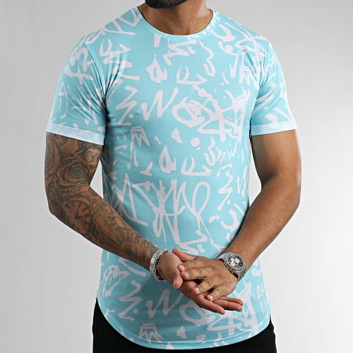 Tee Shirt Oversize Imprimé Avec Revers 2474 Graffiti Bleu Pastel
