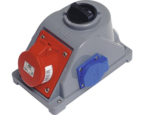 CEE wandcontactdoos PCE Combo met opbouwdoos 16A IP44 5-polig grijs/rood
