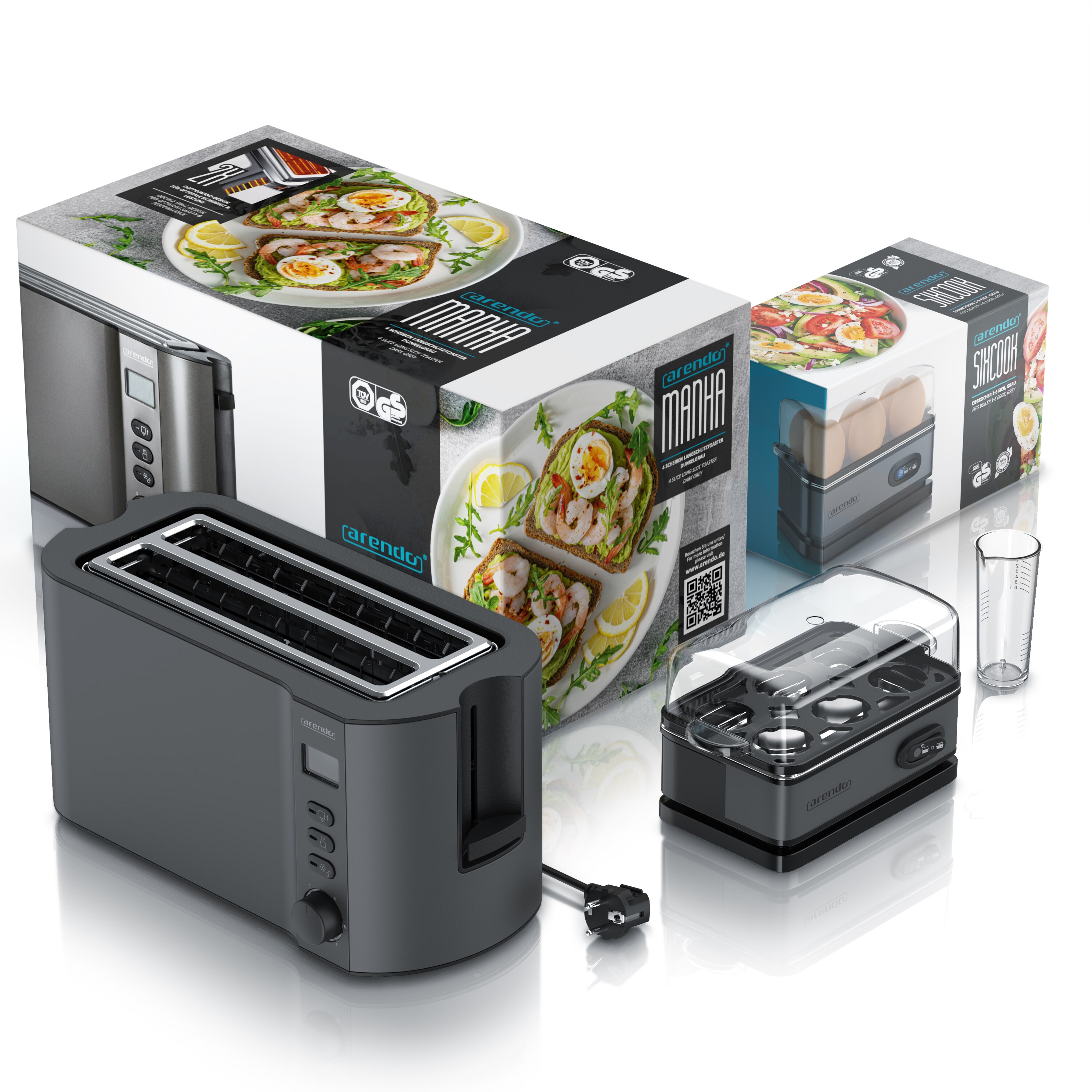 Arendo Frühstücks-Set, 6er Eierkocher SIXCOOK, Langschlitztoaster 4-Scheiben, Grau