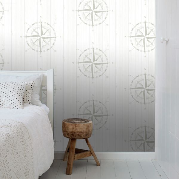 Estahome Kompasroos Op Sloophout Behang - 0,53 x 10,05 m - Donkerblauw / Wit