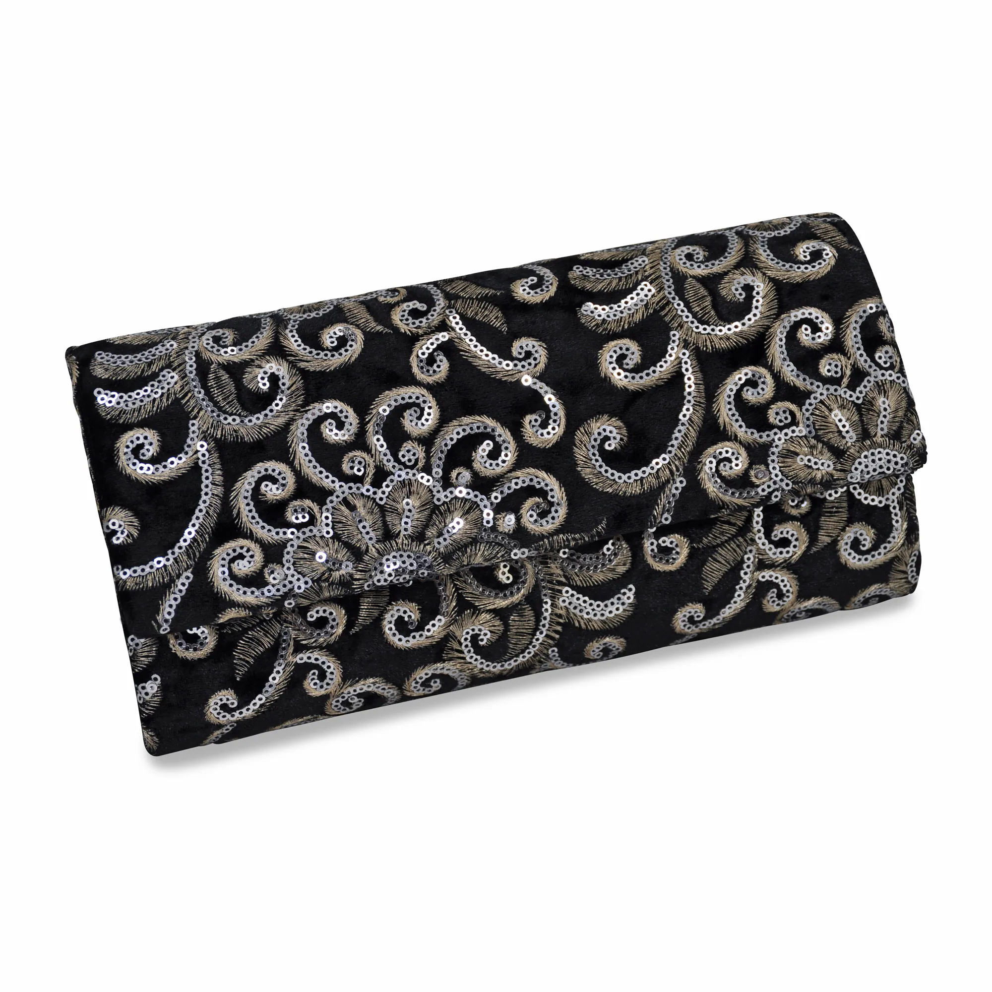 Steuer Modeschmuck Abendtasche Schwarzer Samt mit Pailetten-Ornamenten