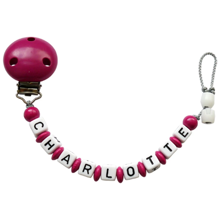 Schnullireich Schnullerkette mit Namen bis 9 Buchstaben (Lange Namen) Pink
