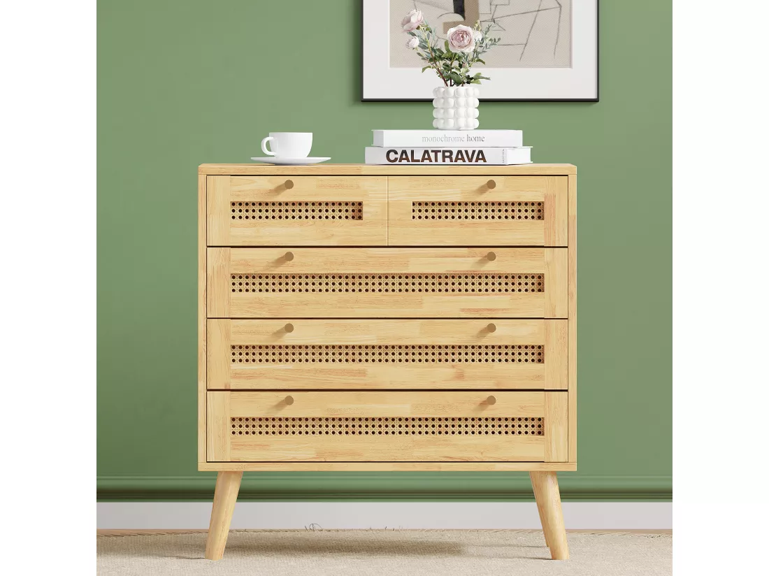 Commode à 4 niveaux, avec 3 tiroirs, poignée en métal, pied en bois, designe en rotin, 80x40x83cm, naturel