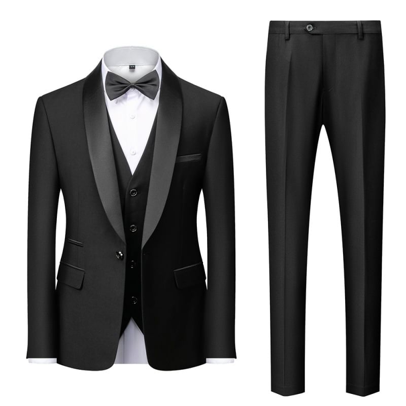 Sheck - Set: Sjaalrevers Tweekleurige Enkelrijs Blazer + V-hals Knoopvest + Middelhoge Effen Rechte Broek