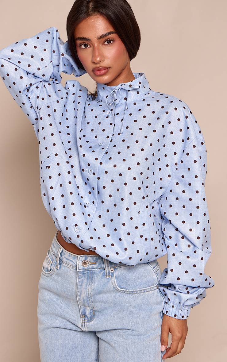 Bleu Chemise Petite À Pois À Col Montant Avec Détail Nœud Et Manches Longues