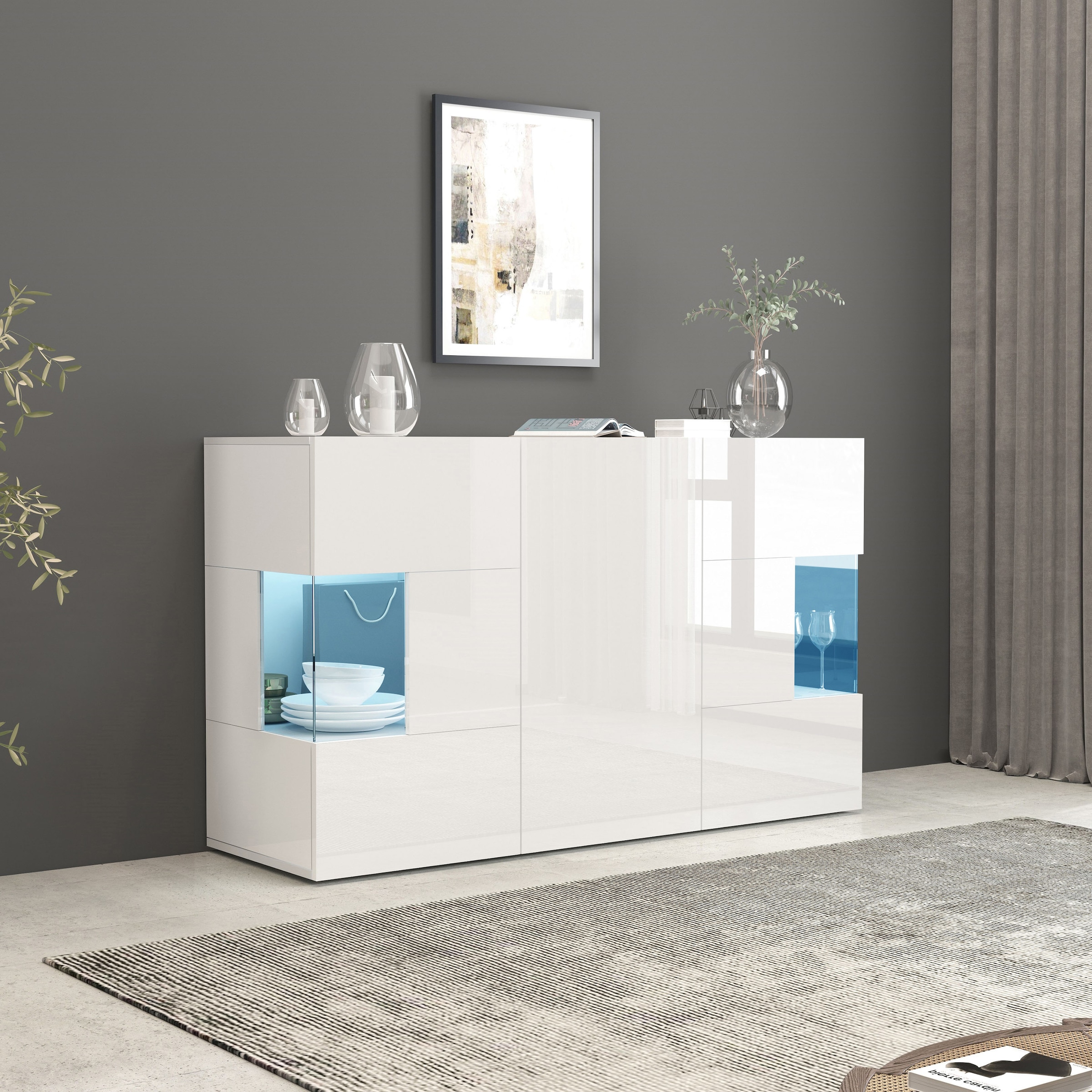 INOSIGN Sideboard »Egypt, Kommode, Schrank, Kredenz, Vitrine grifflos« 3 Türen davon 2 mit Glaseinsatz, kompl. Hochglanz lackiert Breite 135
