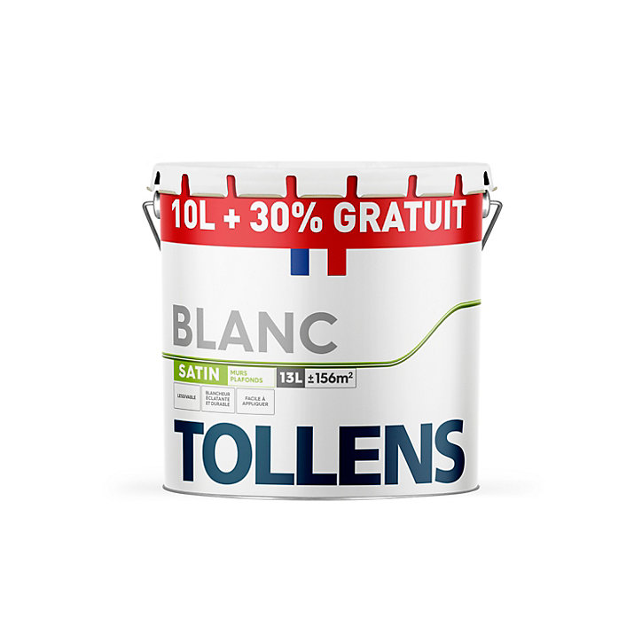 Peinture bicouche murs plafonds boiseries Tollens blanc satin 10L + 30% gratuit