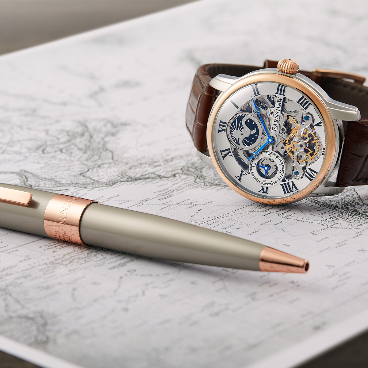 Montre EARNSHAW Longitude homme automatique acier bracelet cuir marron