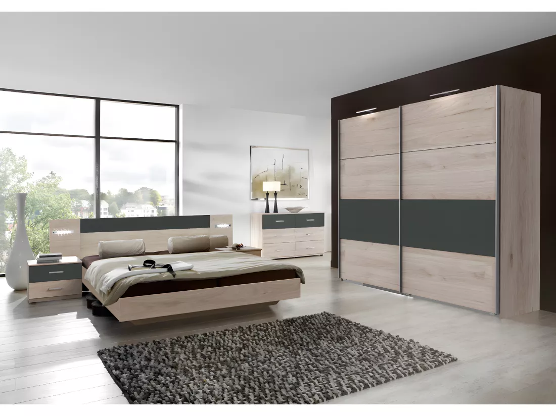 Ensemble chambre adulte complète Imitation chêne Hickory rechampis graphite - 180 x 200 cm