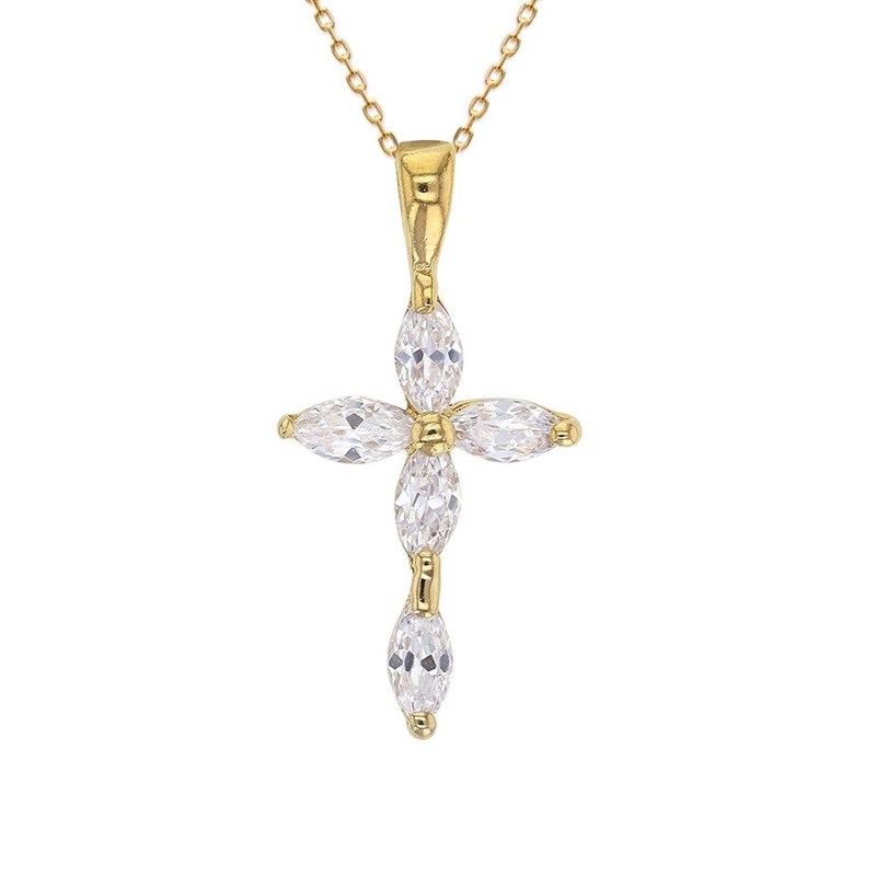 Collier croix sertie d'oxyde de zirconium ovale Plaqué OR 750 3 microns