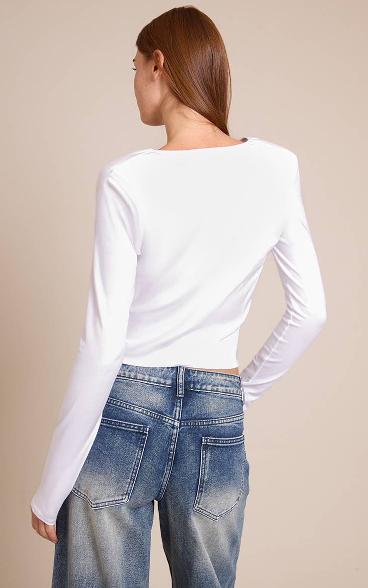 Blanc Top En Coton À Manches Longues Avec Col Bénitier Et Épaulettes