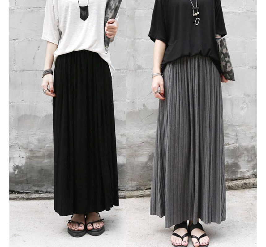 Areumdaun - Effen geplooide maxi-A-lijn rok met elastische taille