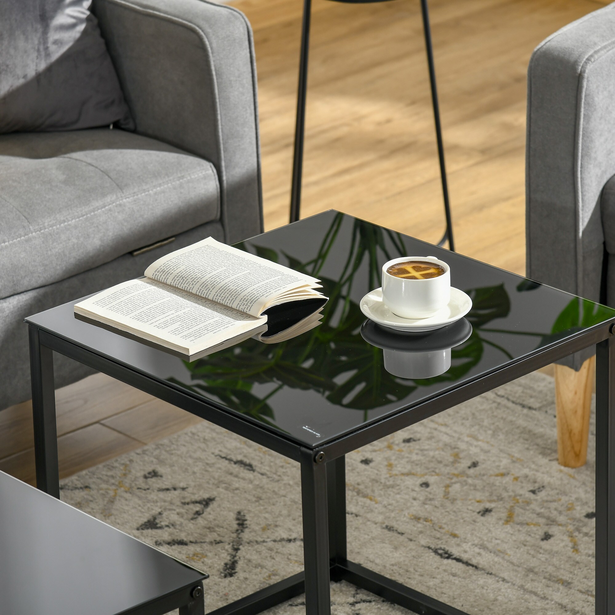 HOMCOM Couchtisch-Set mit Glastischplatte schwarz 50L x 50B x 52H cm