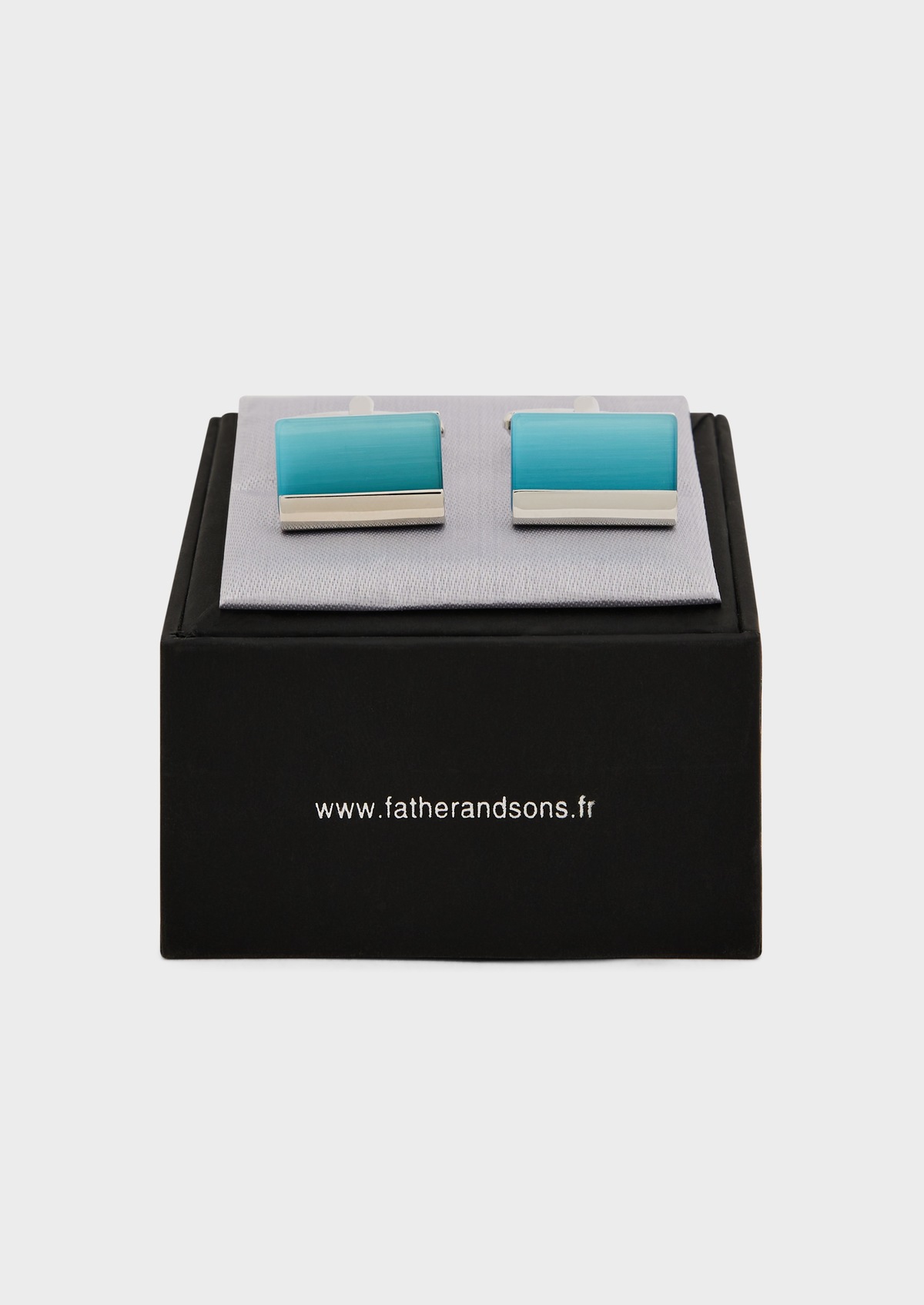 Boutons de manchettes rectangles argent avec pierres bleu ciel
