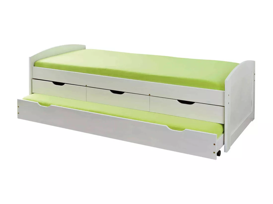 Lit gigogne 3 tiroirs en bois massif blanc laqué 90x190 - LT12007