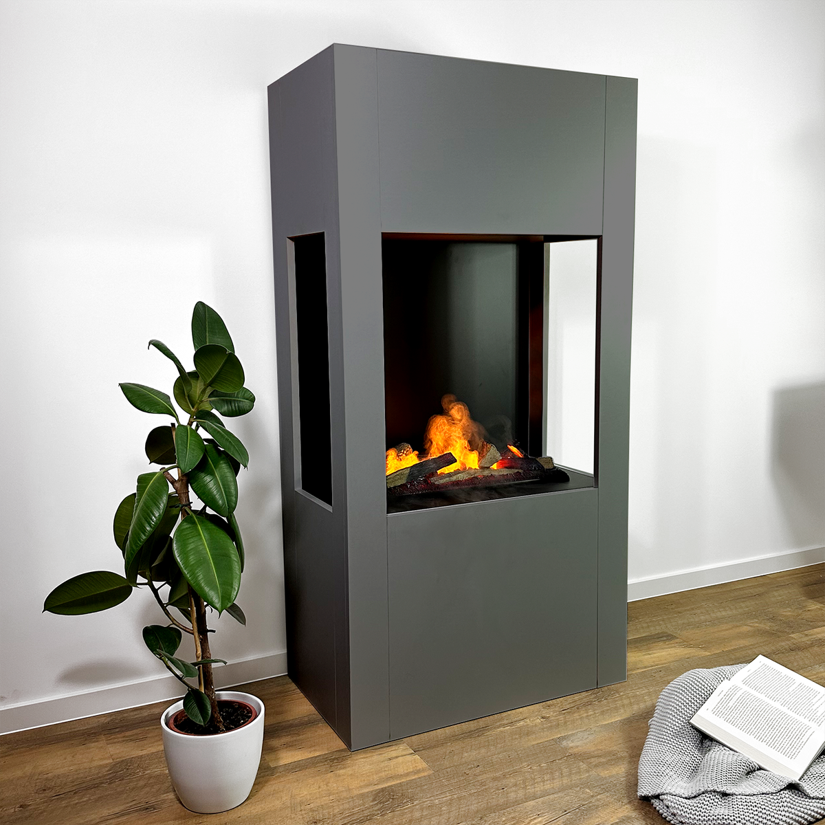GLOW FIRE Elektrische haard 'Böll' | Waterdamphaard met OMC 600 inclusief hout in grijs als roomdivider | HxBxD: 145x54x44 cm