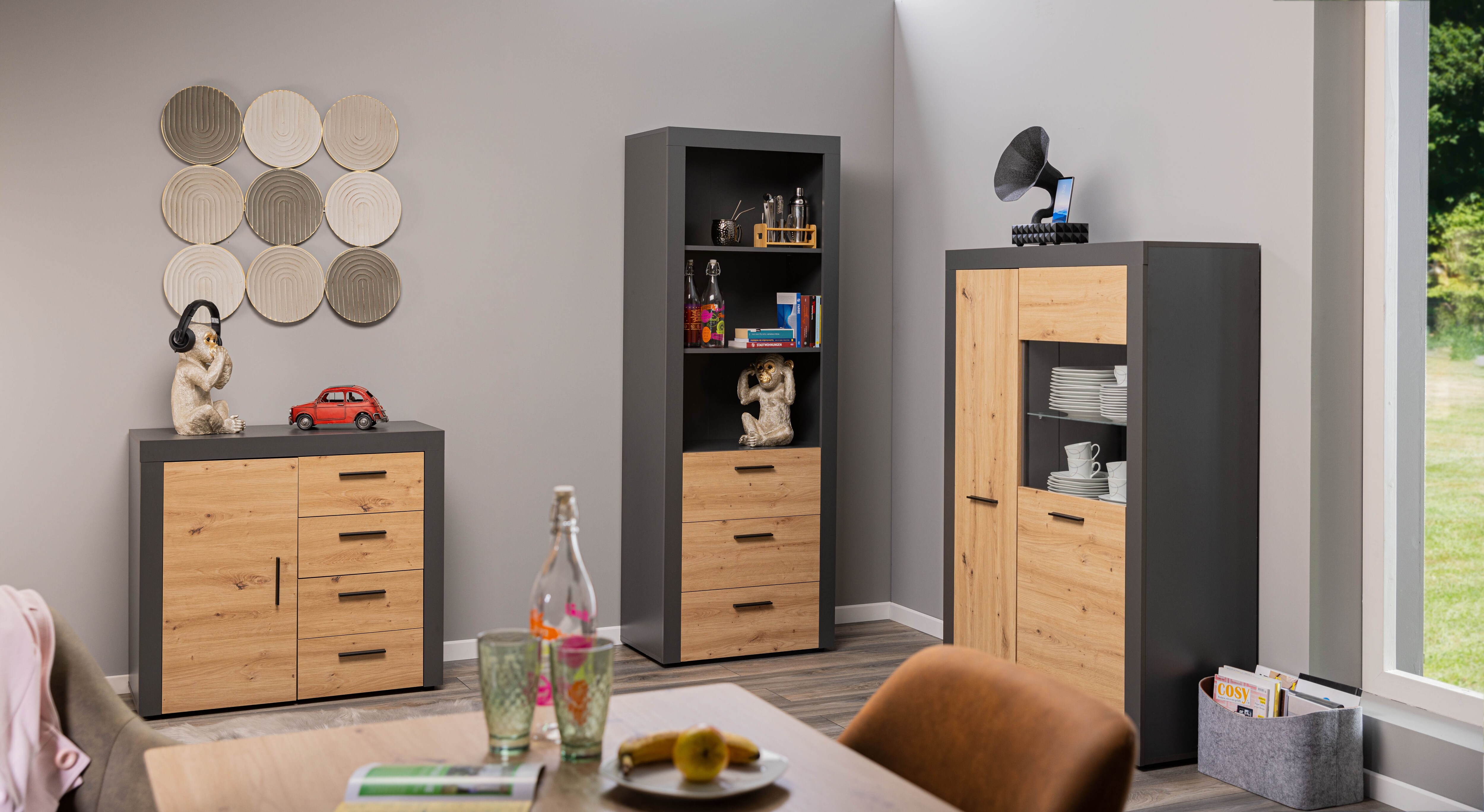 Inter Link Kommode Sideboard Corbeto - Anthrazit und Eiche Artisan Nachbildung - 4 Schubladen/1 Türen