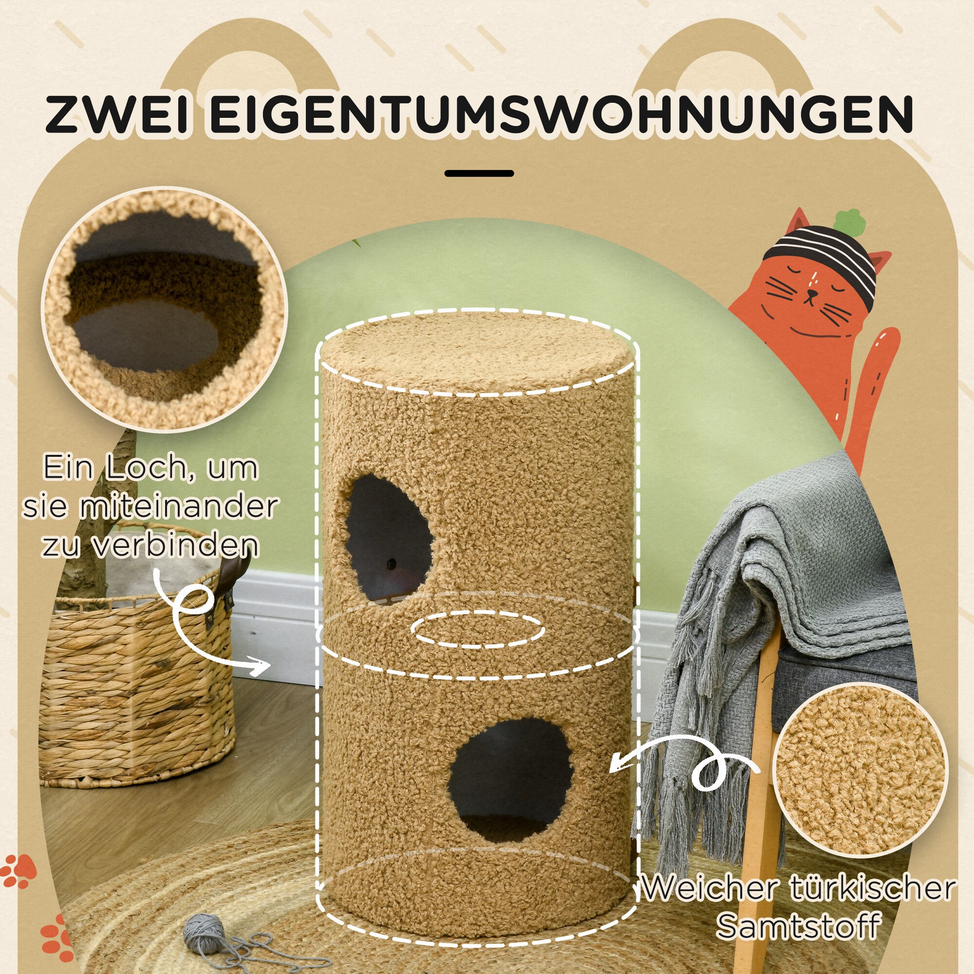 PawHut Kratztrommel mit Katzenmatte braun 35L x 35B x 66H cm
