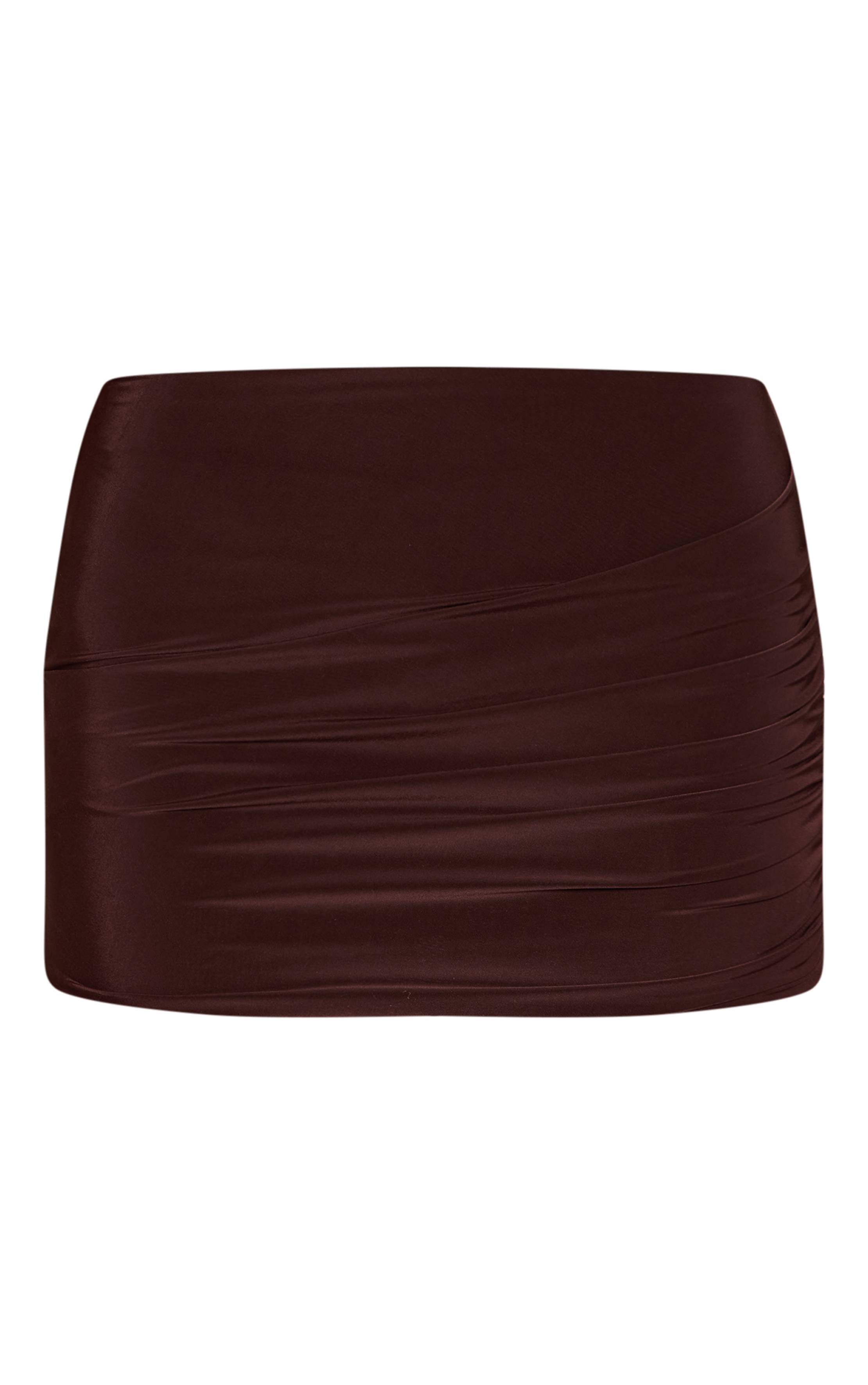 Marron Foncé Mini-jupe Taille Mi-haute Froncée En Tissu Slinky - Ensemble Coordonné