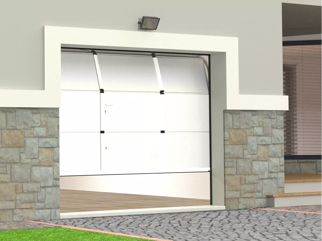 Porte de garage sectionnelle effet lisse portillon central blanc motorisée L254 x H213 cm - LAVEGA