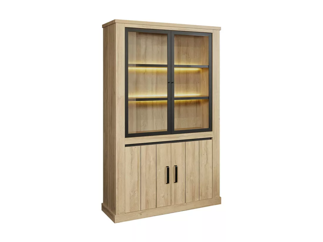 LORENZO - Argentier 4 Portes avec Leds Aspect Bois Chêne Clair Finition French Oak