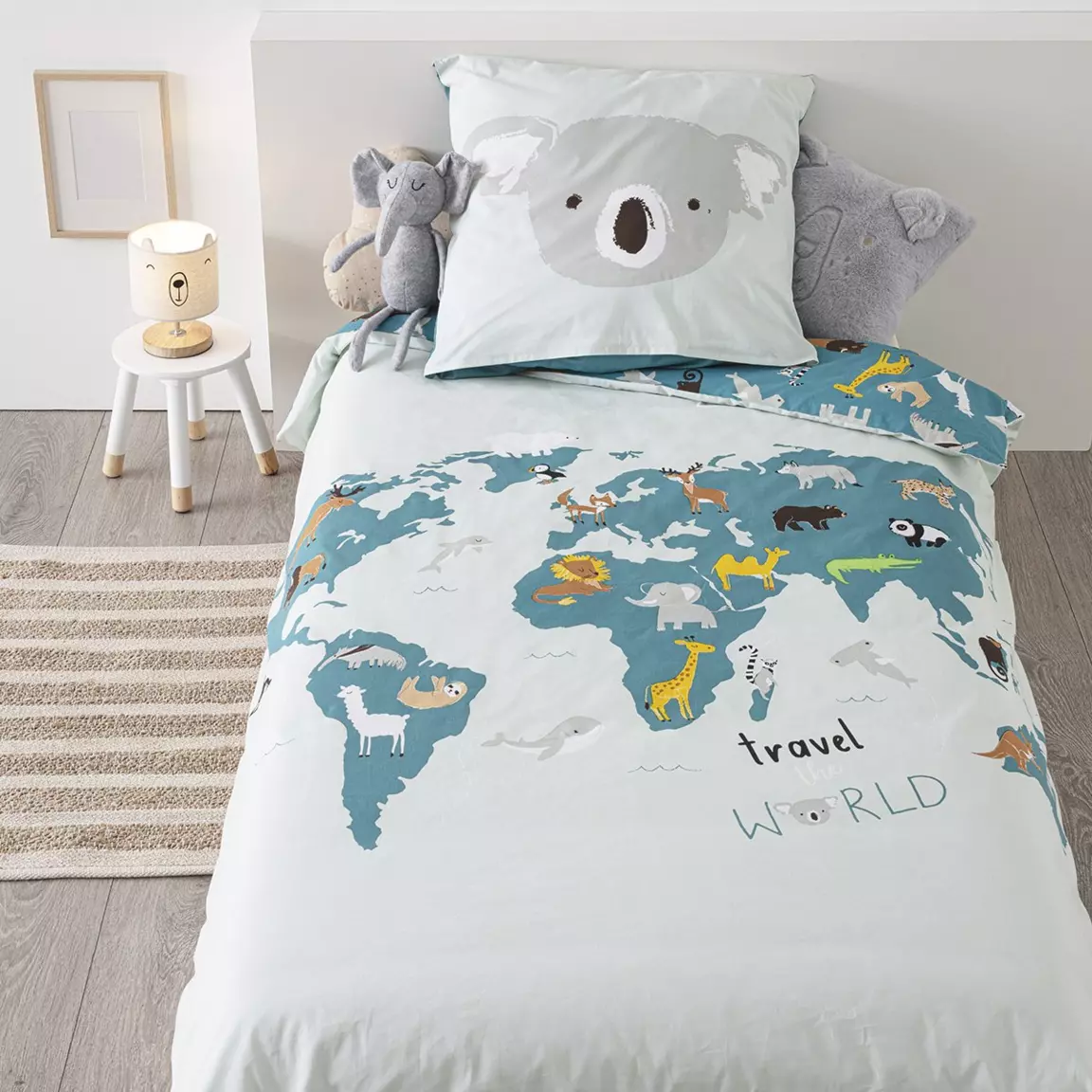 Housse de couette et une taie enfant coton (140 x 200 cm) Carte du Monde Bleue