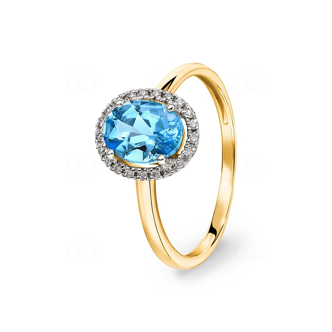 Damenring 750/18 K Gelbgold mit Blautopas oval und Diamanten 0.06 ct H/si