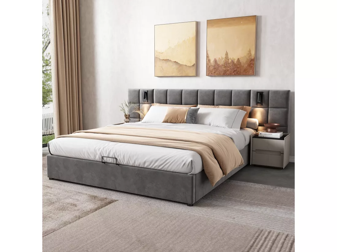 Lit coffre avec tête de lit réglable - 140 x 200 cm - velours - avec lampe orientable et USB - gris