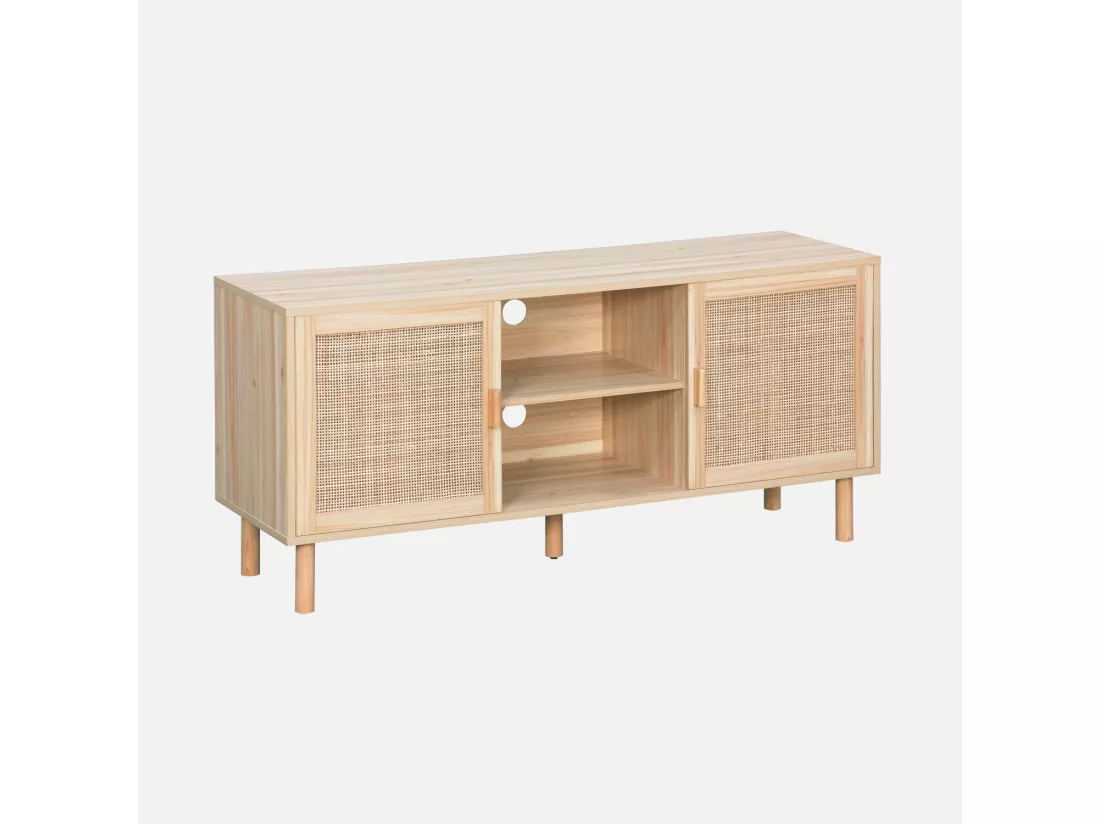 Meuble TV cannage et effet bois. 2 portes et 1 étagère. 120cm