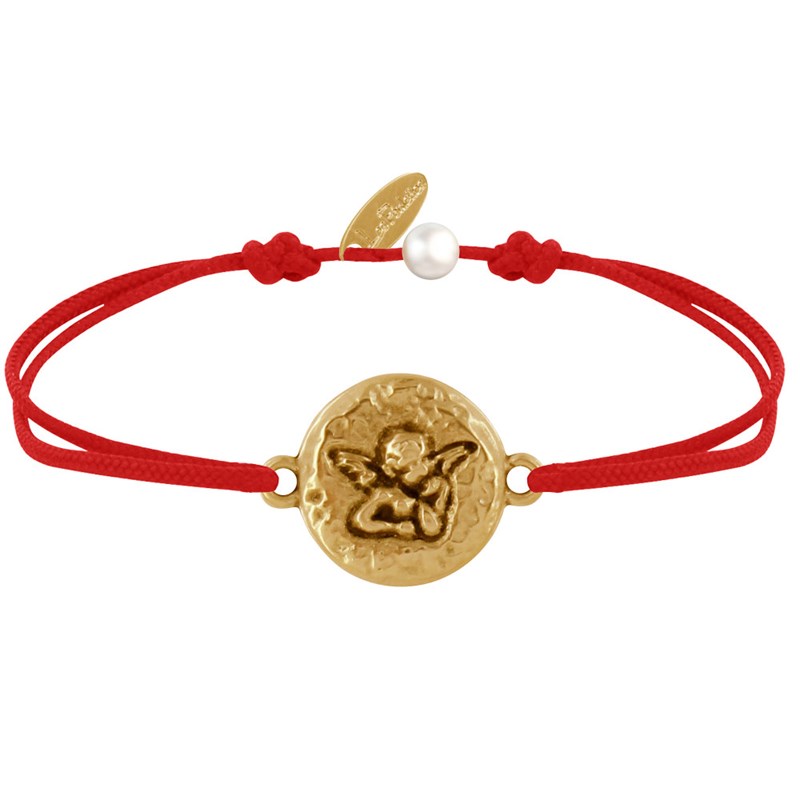 Bracelet Lien Médaille Ronde Martelée Laiton Doré Ange Raphaël - Rouge