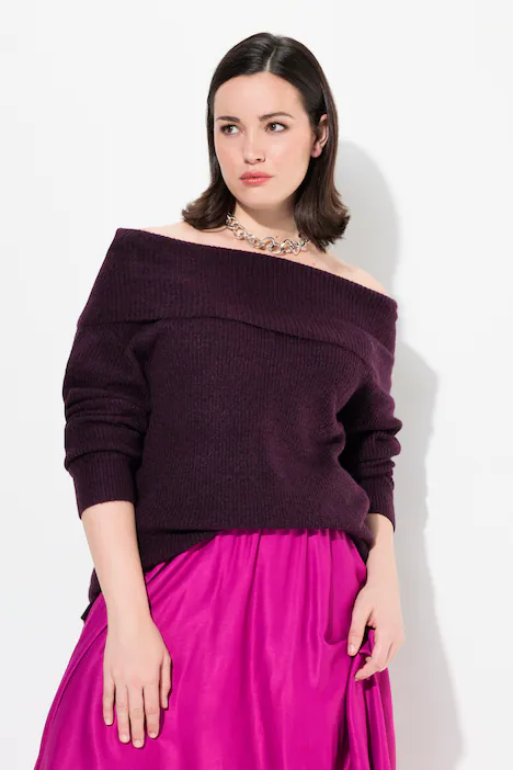 Pullover, Schulterausschnitt, Langarm, weicher Feinstrick, dunkle brombeere