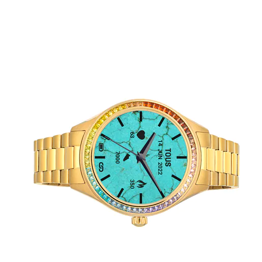Relógio inteligente T-Shine Connect com pulseira em aço com revestimento em ouro e zircônias coloridas.