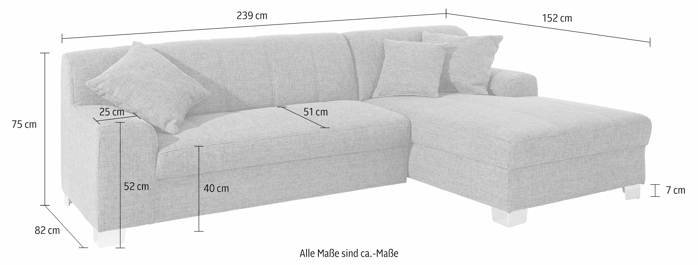 DOMO collection Ecksofa »Turah incl. Zierkissen, moderne Steppung, auch in Leder« wahlw. mit Bettfunktion, L-Form, B/T: 239/152cm, Unser Dauertiefpreis
