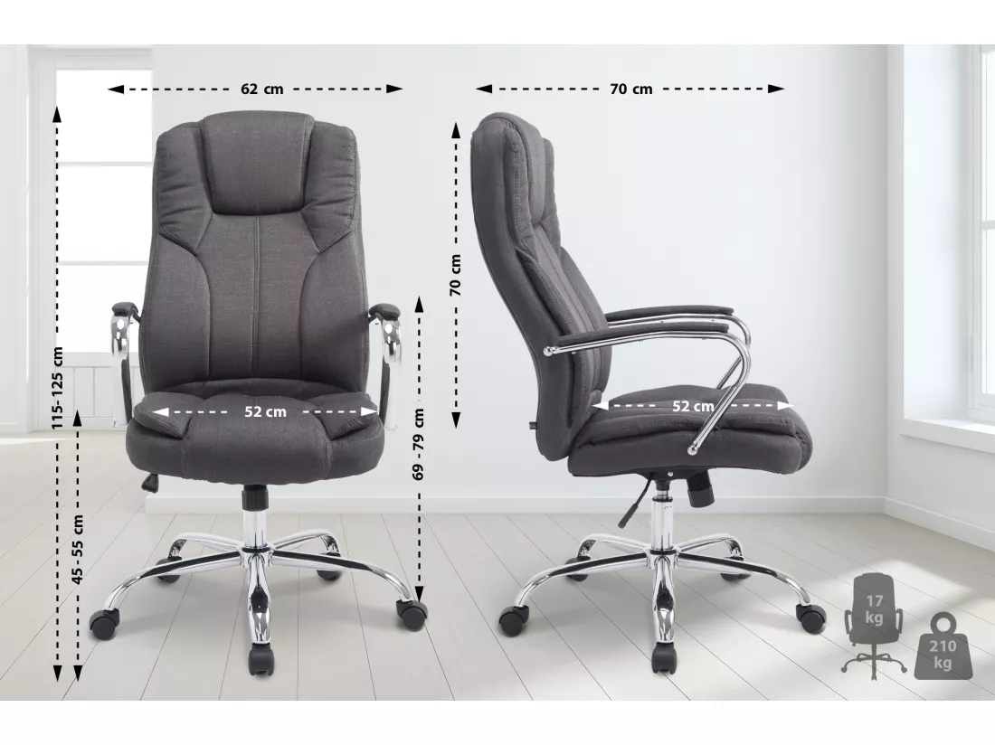 Chaise de bureau - Tissu & Métal chromé - Gris foncé - XXL Xanthos