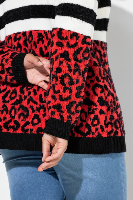 Strickjacke, Straight Fit, Leo/Streifen, samtrot