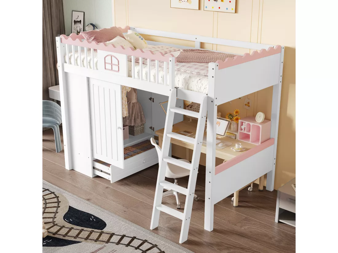 Lit mezzanine simple 90 x 200 cm - Lit enfant - Avec éclairage LED - Avec penderie - Avec tiroir de rangement - Blanc (sans matelas)