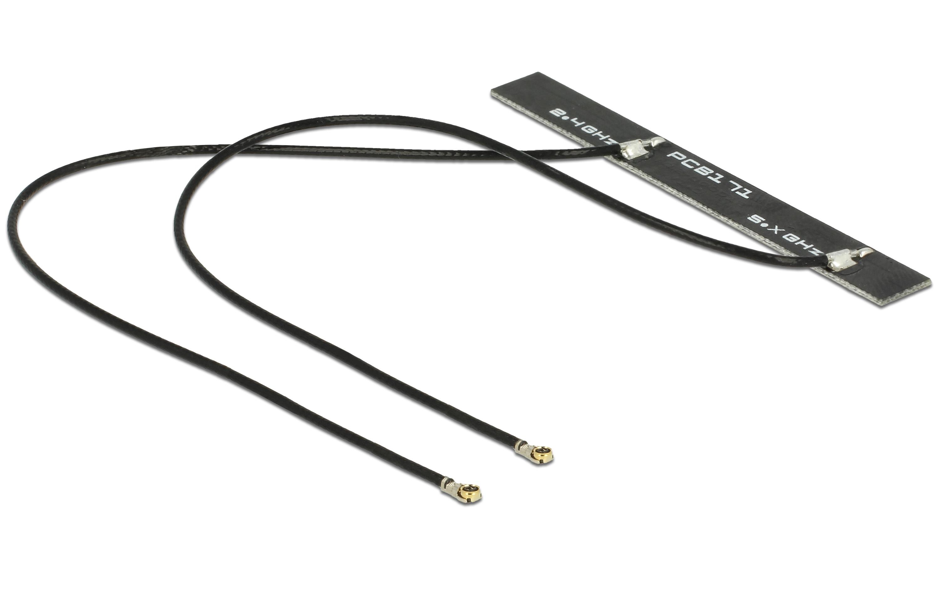 WLAN-Antenne Dualband, Klebemontage MHF 4L 5 dBi RundstrahlDelock WLAN 802.11 ac/a/h/b/g/n Doppelantenne 2 x MHF 4L Stecker 3 - 5 dBi 1.13 2 x 15 cm PCB intern Klebemontage