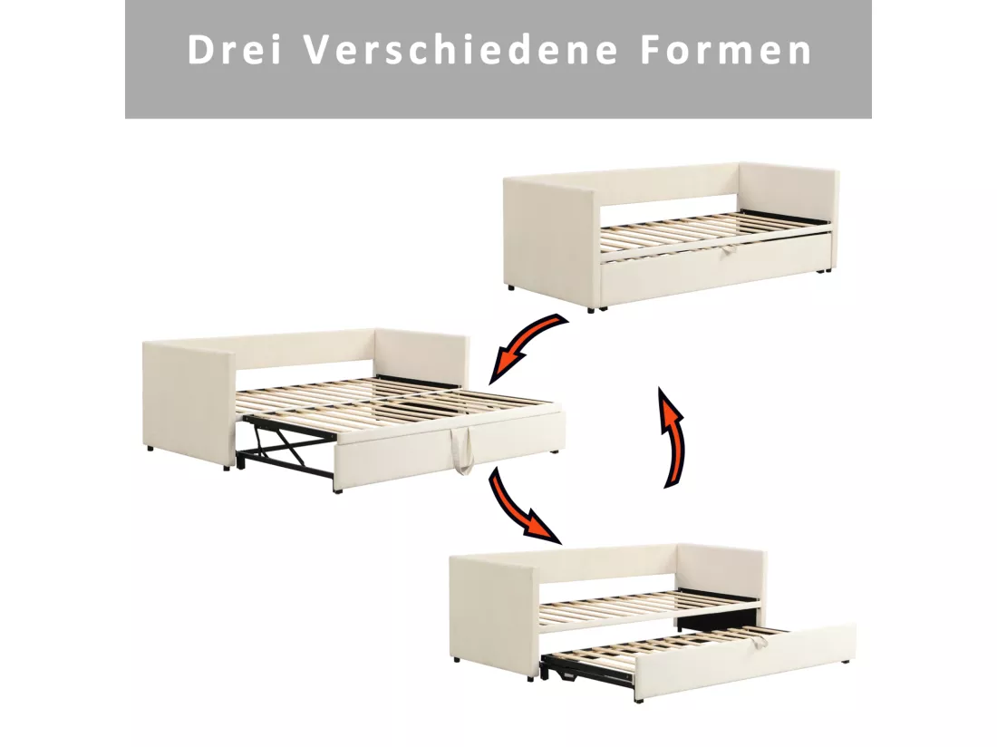 Lit gigogne 90/180x200 cm - lit capitonné Canapé - lit extensible avec sommiers à lattes - lit multifonctionnel en tissu velours agréable à la peau - Beige