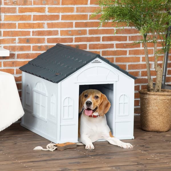 Hundehus, hundehus med sadeltak, værbestandig smådyrhus for mellomstore hunder under 20 kg, utendørs hundehus, 65 x 75,7 x 63 cm, grå