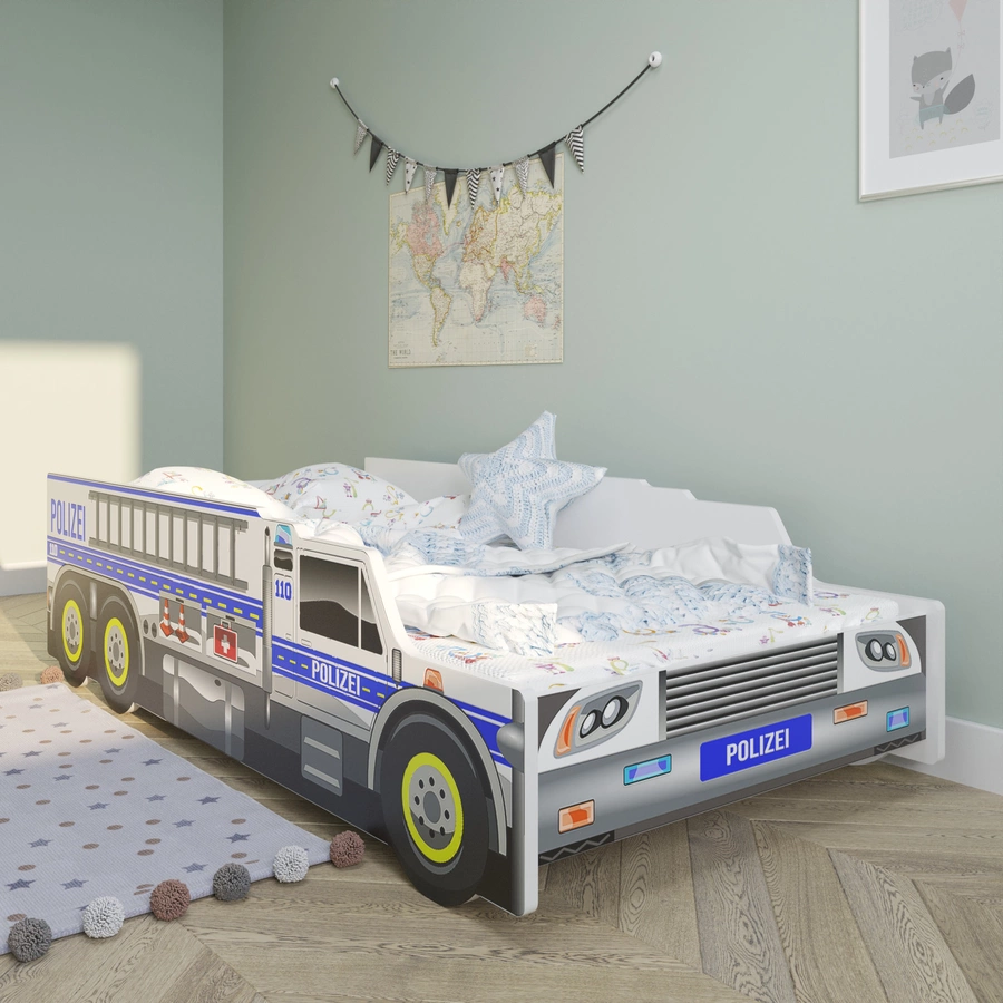 Kids Collective Autobett Kinderbett Jugendbett 80x160 mit Rausfallschutz | Polizei blau mit Matratze