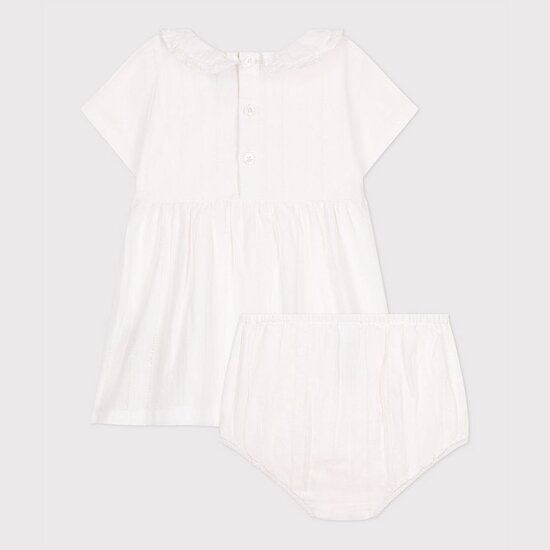 Robe blanche bébé en coton, bloomer et leurs détails ajourés   Ecume        de               Petit Bateau