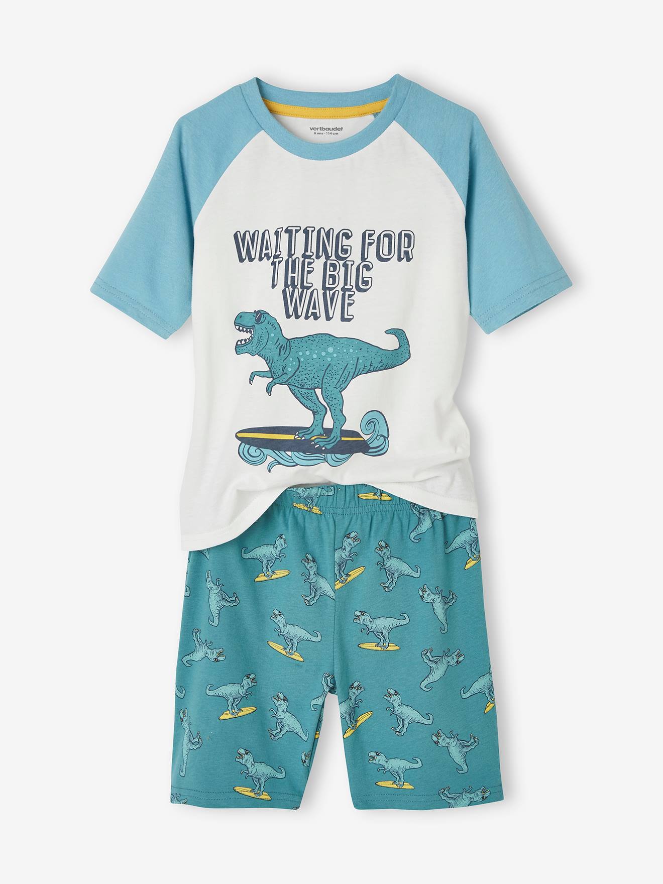 Pijama infantil masculino com estampa de dinossauro surfista e shorts - Azul-petróleo